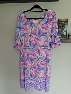 Pappagallo Pink Blue Floral Midi Dress W/ruffled Sleeves